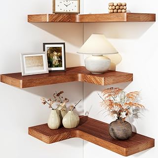 Fixwal Corner Floating Shelves Set of 3 - Solid Paulownia Wood 16x11.4 Rustic Brown L-Shaped Wall Mount Farmhouse Decor