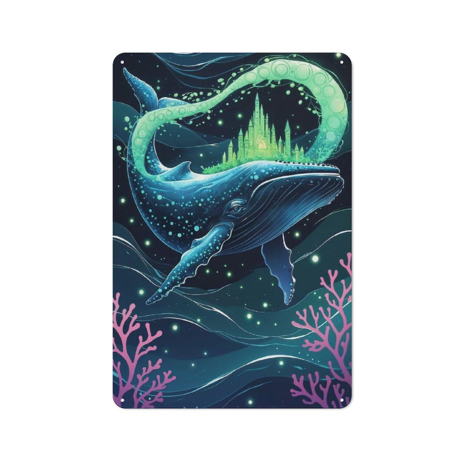 Junmoney Whale With Castle Fantasy Art Tin Wall Plaque 30X20cm With For Garage Or Workshop, For Vintage Wall Decor Fans, For Kitchen And Home Bar Decor