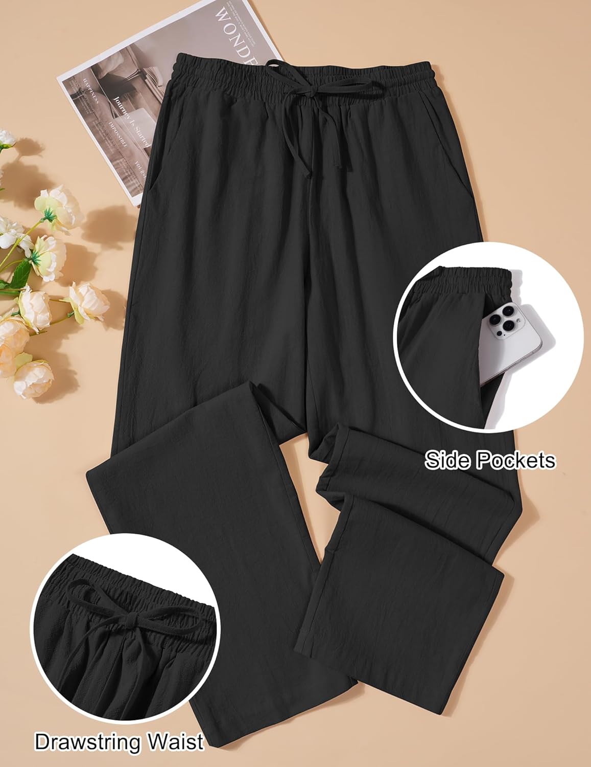 COOFANDY Men's Cotton Linen Pants Elastic Waist Drawstring Summer Beach Trousers Casual Yoga Pant - Image 4