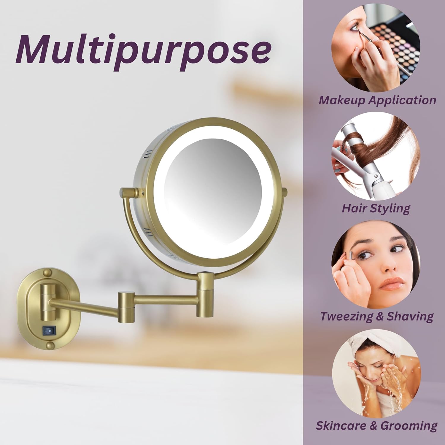 JERDON Wall-Mounted Makeup Mirror with 5X Magnification - Gold Makeup Mirror with LED Lights - Direct Wire - Model HL65BGD