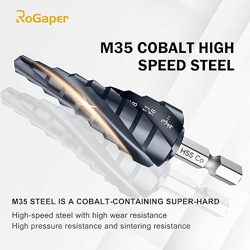 Miniatura 7 de M35 - Juego de brocas escalonadas de cobalto de cuatro espirales de 18 a 78 pulgadas, grado industrial, resistente al desgaste, recubierto TiAlN de