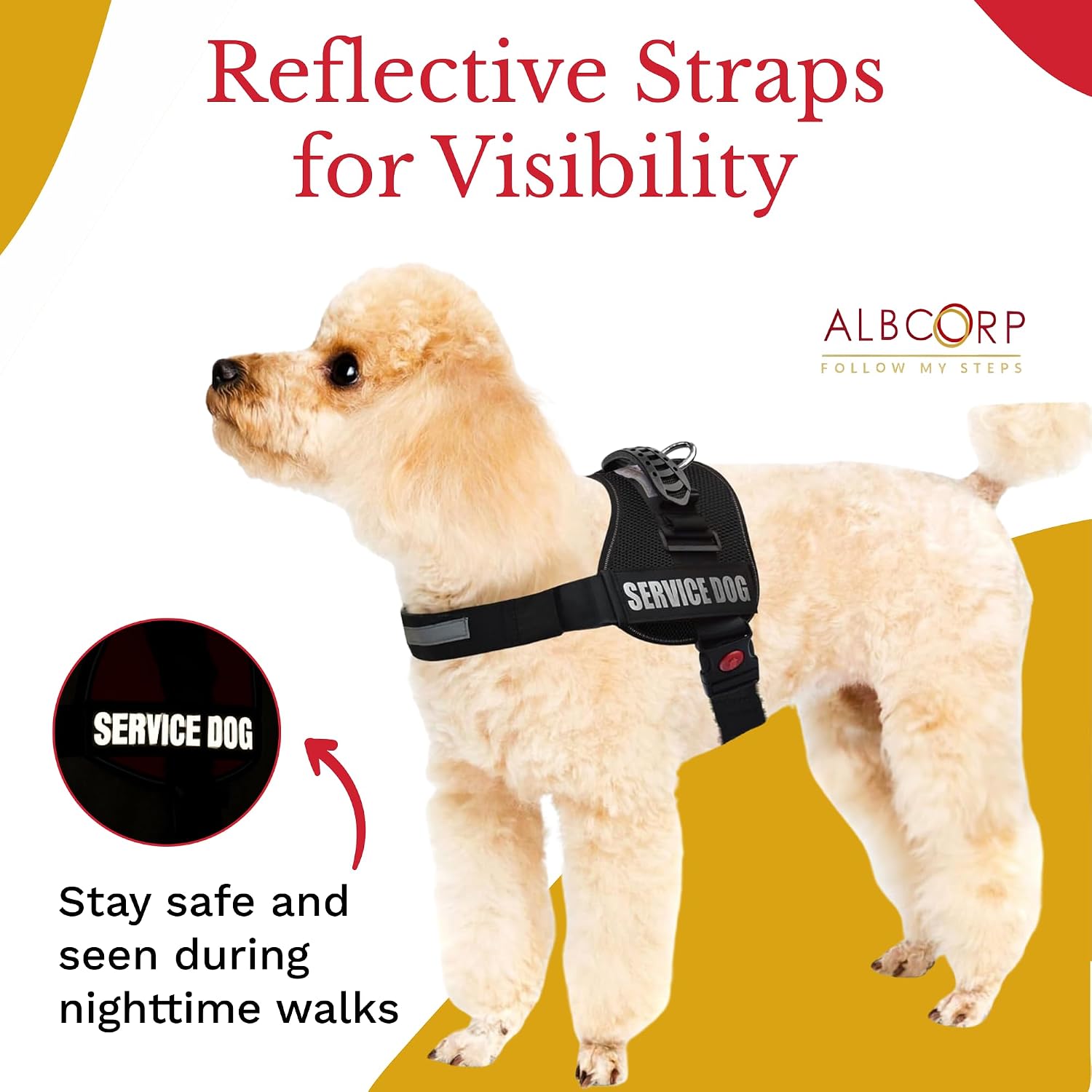 ALBCORP Service Dog Vest Harness – Reflective Service Animal Vest, No-Pull Harness with Handle & Mesh Padding – Sizes XXS-XL for Puppies – 2 Removable Service Patches Included (Extra Small, Black)