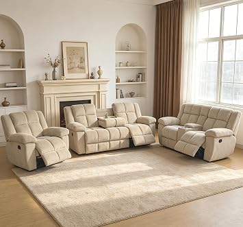 Recliner Sofa Set for Living Room Furniture Sets,Corduroy Reclining Sofa Couch Set with Cup Holders/Drop-Down Table for Living Room/Office/Lounge3 Pieces,Paddy