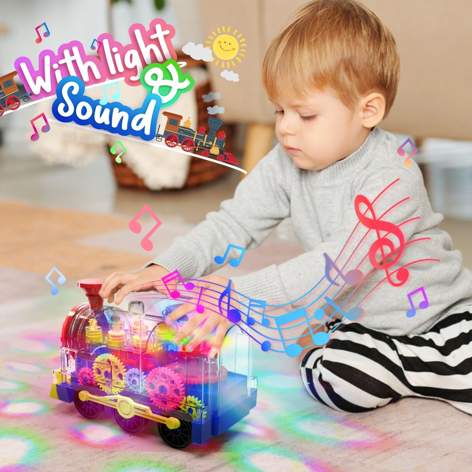 Jouet de Train Lumineux pour Petits Enfants : Jouet à rouages Transparent pour Enfants avec de Jolies lumières et de la Musique, Jouet éducatif de Ramper pour bébés garçons et Filles