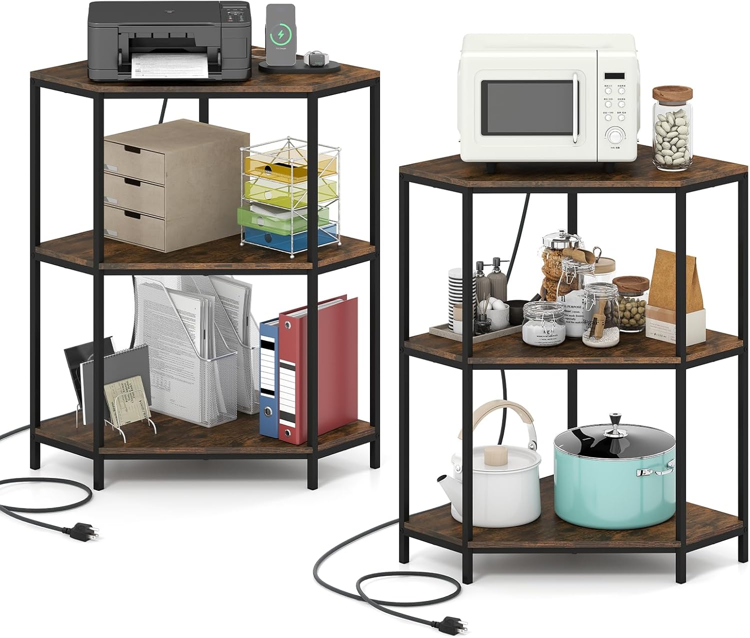 Giantex 2-Pack Corner Printer Stand, 3-Tier Corner Shelf with Charging Station and Metal Frame, Small Industrial Bookshelf, Printer Table for Living Room, Kitchen, Home Office