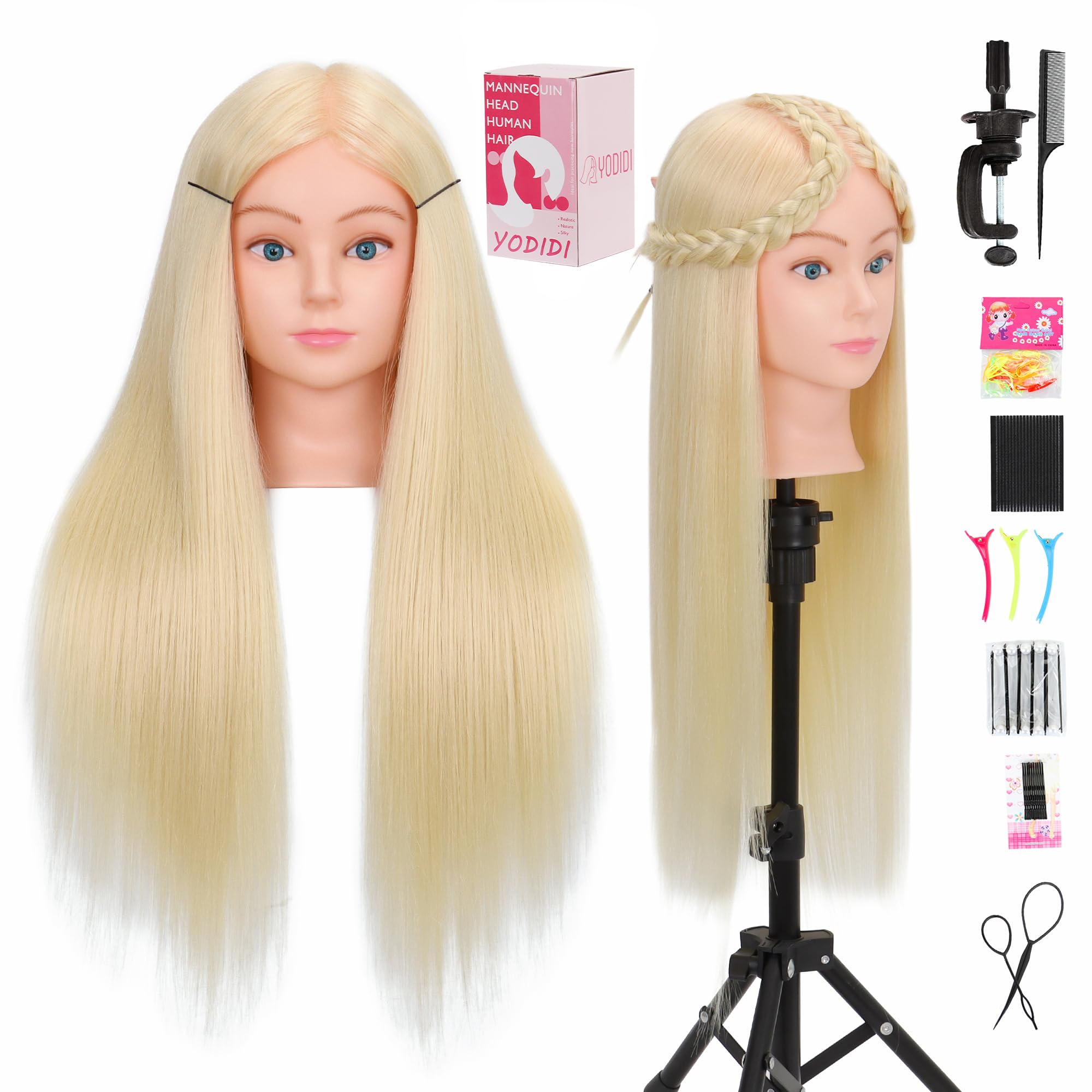Mannequinkopf aus Echthaar für Kosmetologie, Manikinkopf mit 80 % Echthaar für Styling-Übungen, Friseur mit kostenloser Klemmhalterung (#613-UB)