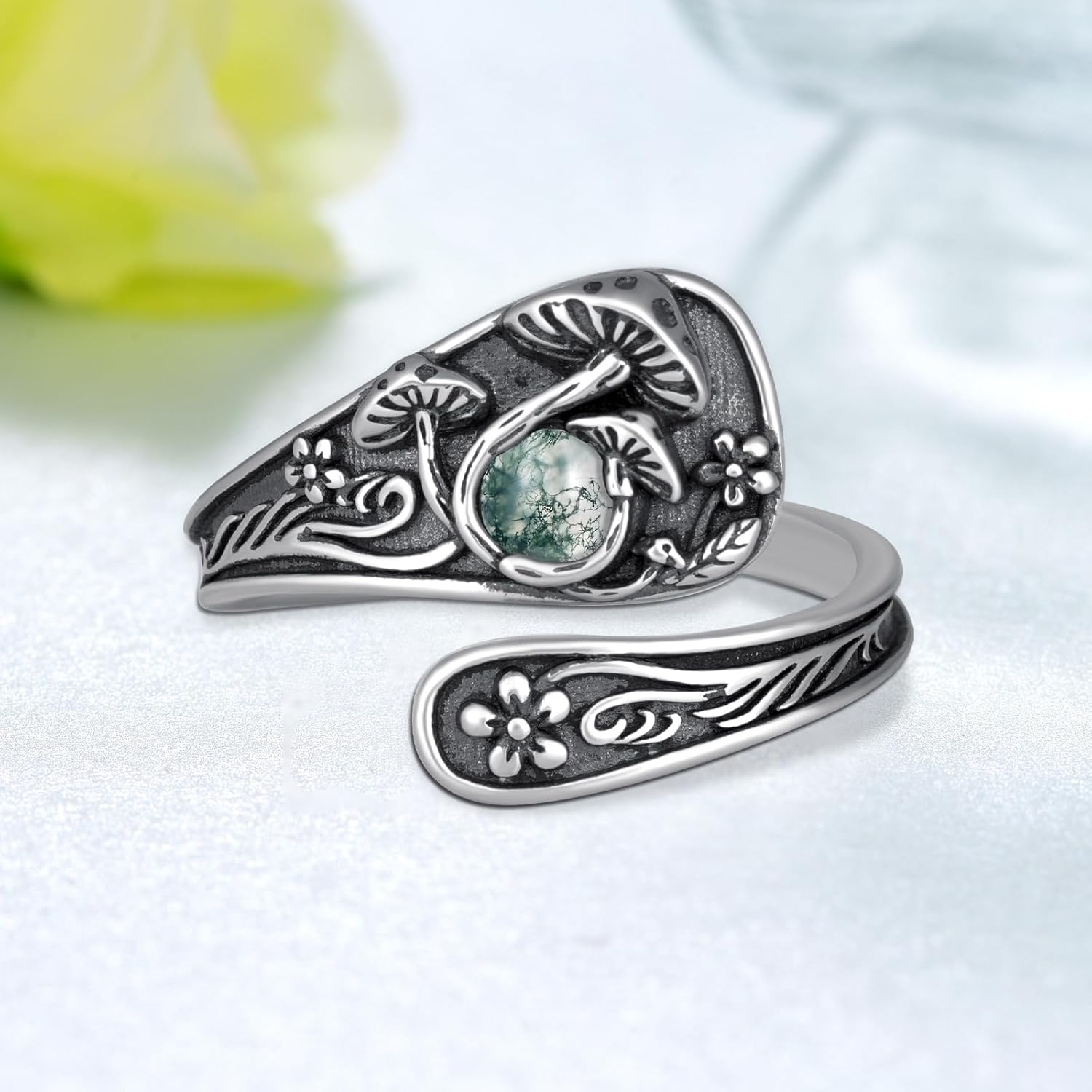Mushroom Spoon Rings for Women Moss Agate/Moonstone/Opal/Turquoise 925 Sterling Silver Agate Mushroom Ring Vintage Thumb Ring Jewelry for Women Men - Image 2