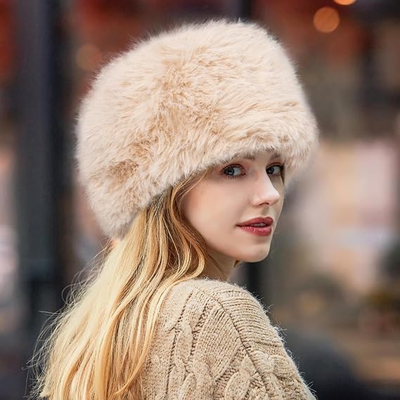 Peicees Winter Faux Fur Hat for Women Russian Style Ladies Ushanka Warm Fluffy Bucket Hat Fuzzy Furry Cap