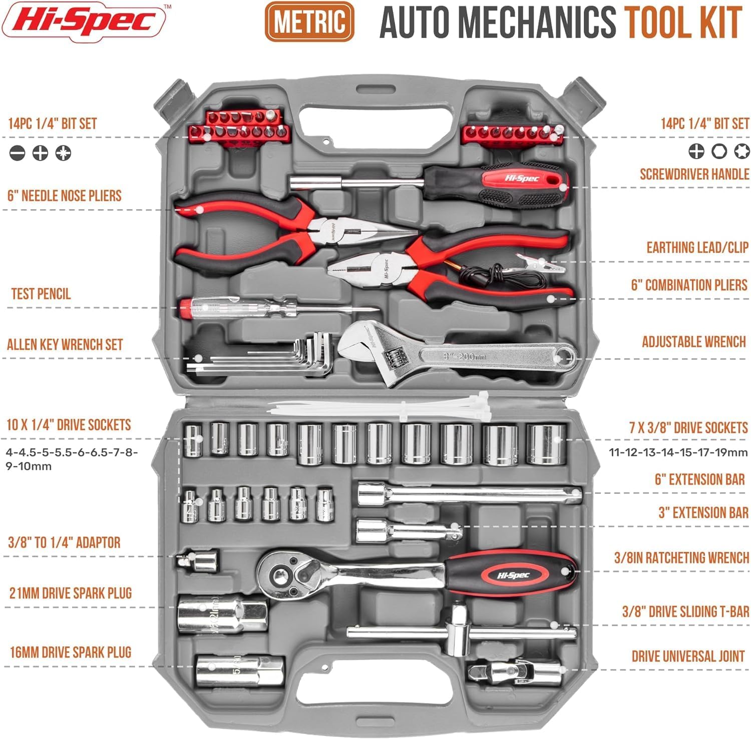 Hi-Spec Malette Outils 67 Pièces – Caisse à Outils Mécanique Automobile Complète avec Outillage, Mécanique Automobile et Kit de Bricolage Garage