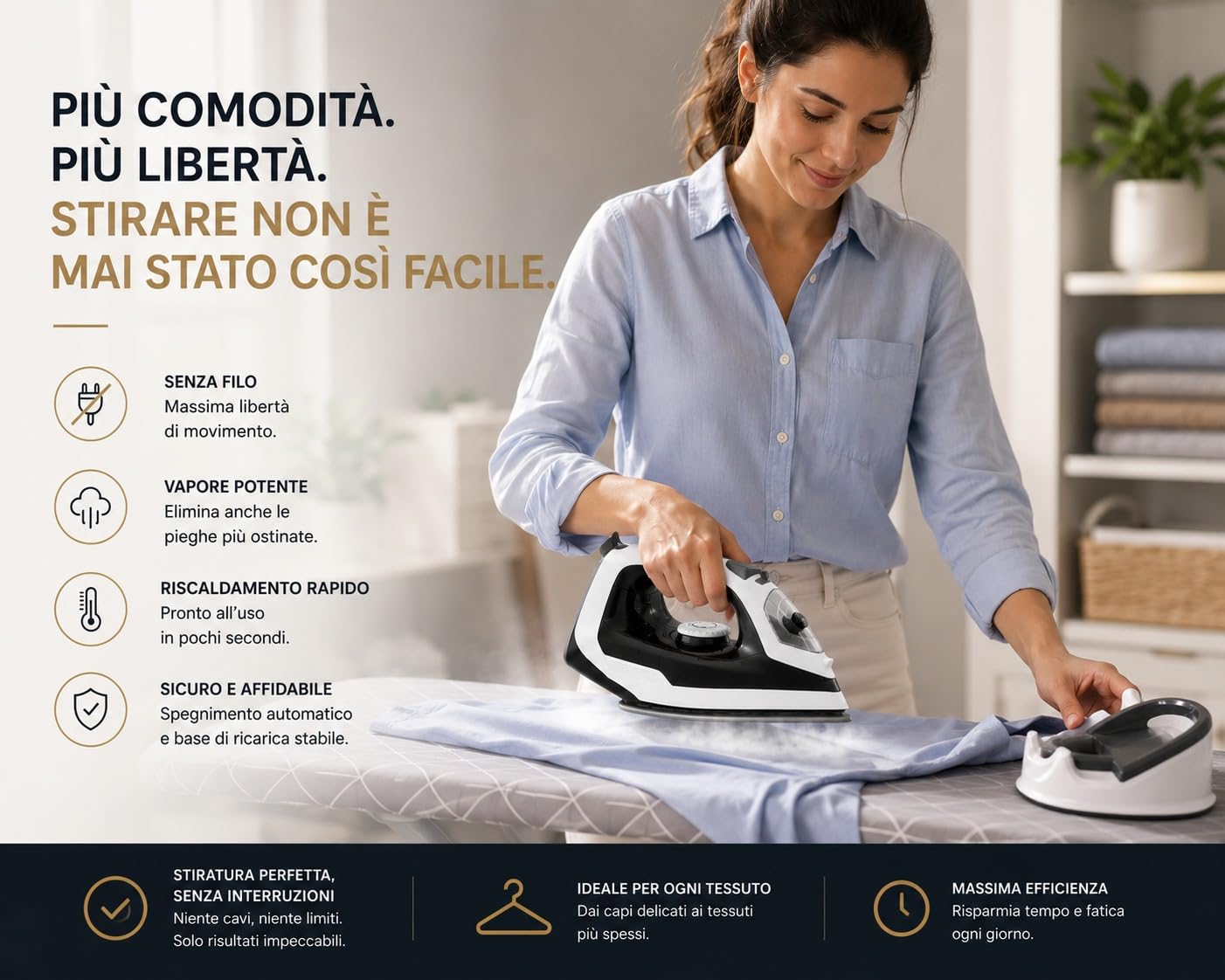 Ferro da Stiro a Vapore 1600 W senza fili Ferro da Stiro per Vestiti, Spegnimento Automatico, Autopulente, Quattro Impostazioni di Temperatura, Riscaldamento Rapido, Antigoccia