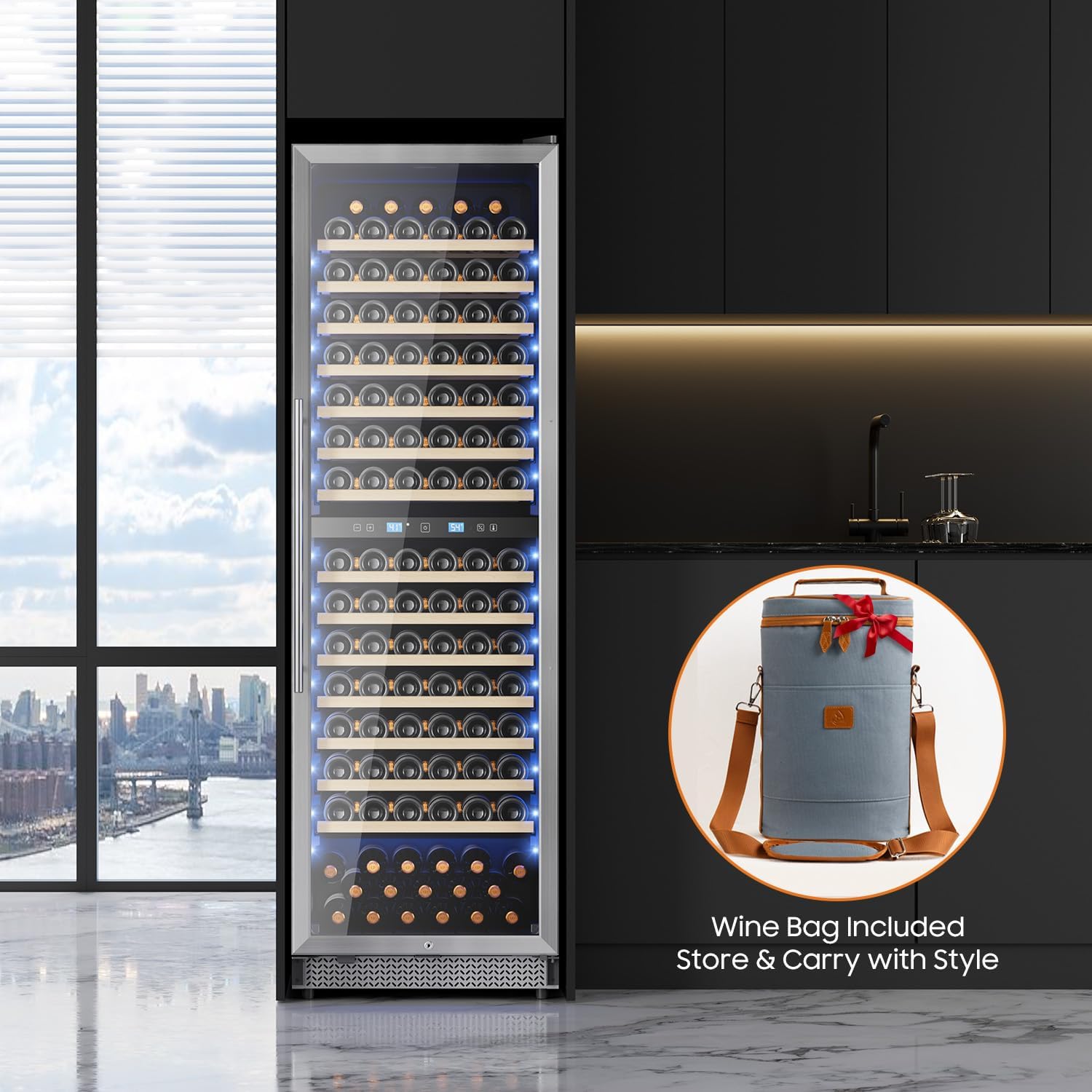 Wine Fridge 24 Inch-177 Bottle Wine Cooler Dual Zone Freestanding/Built-In with Upgraded Compressor, Low-Noise Wine Cellar & Intelligent Temperature Control