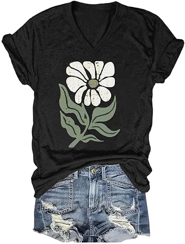 Women's T-Shirts V-Neck Boho Flowers Wildflowers Tee Cute Summer Graphic