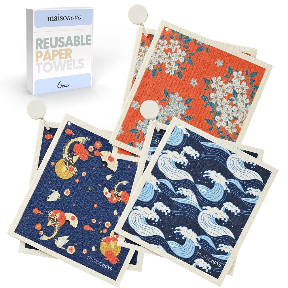 MAISONOVO Swedish Dishcloths for Kitchen | Reusable Paper Towels with Hook | Biodegradable and Reusable Paper Towels Washable | Swedish Dishcloth Reusable Paper Towel | Kyoto Mix - Pack of 6
