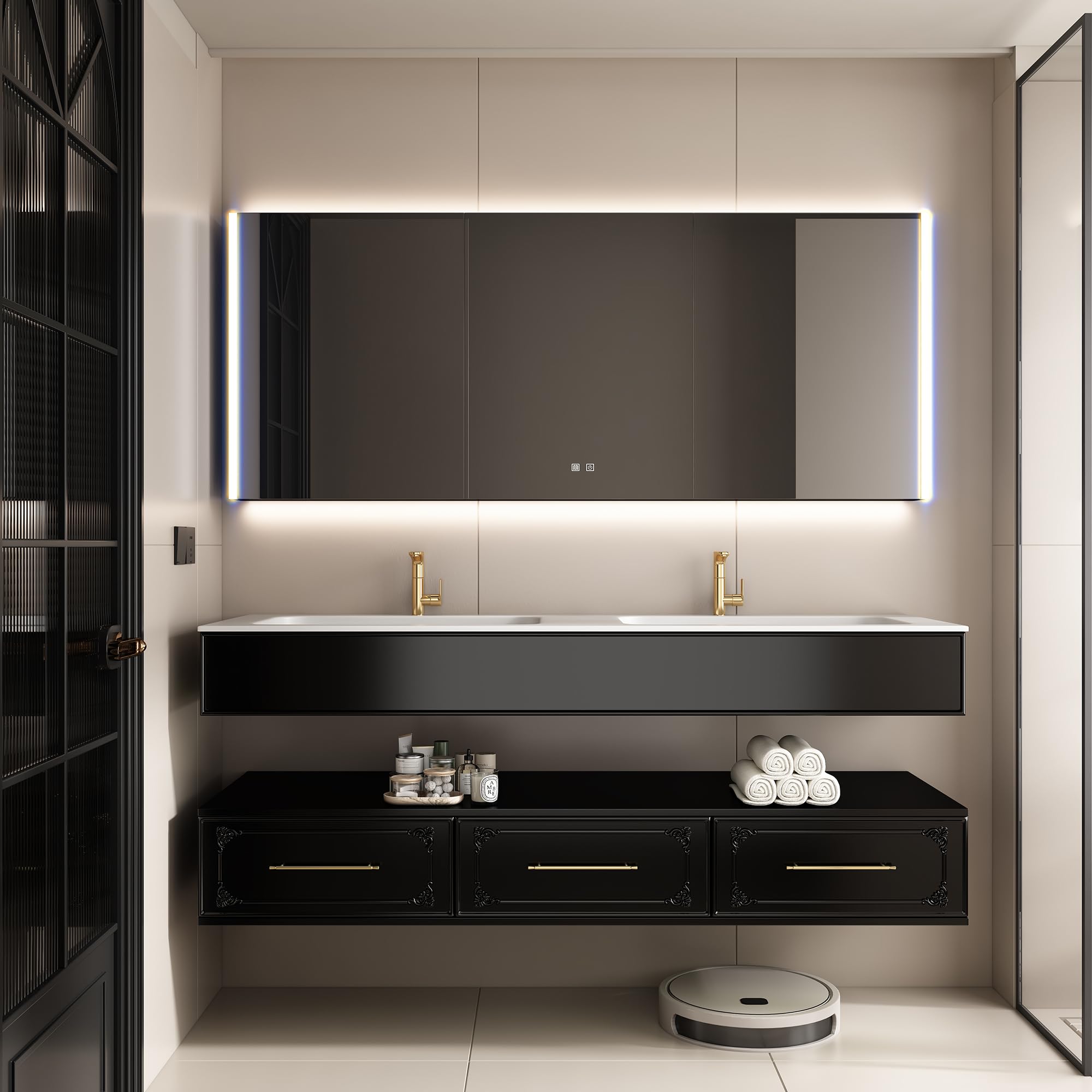 GrxGry Bathroom Vanity Set with Single Sink, Medicine Cabinet Smart Makeup Mirror, Solid Oak with Artistic Carving, Premium Paint Finish, LED Lighting