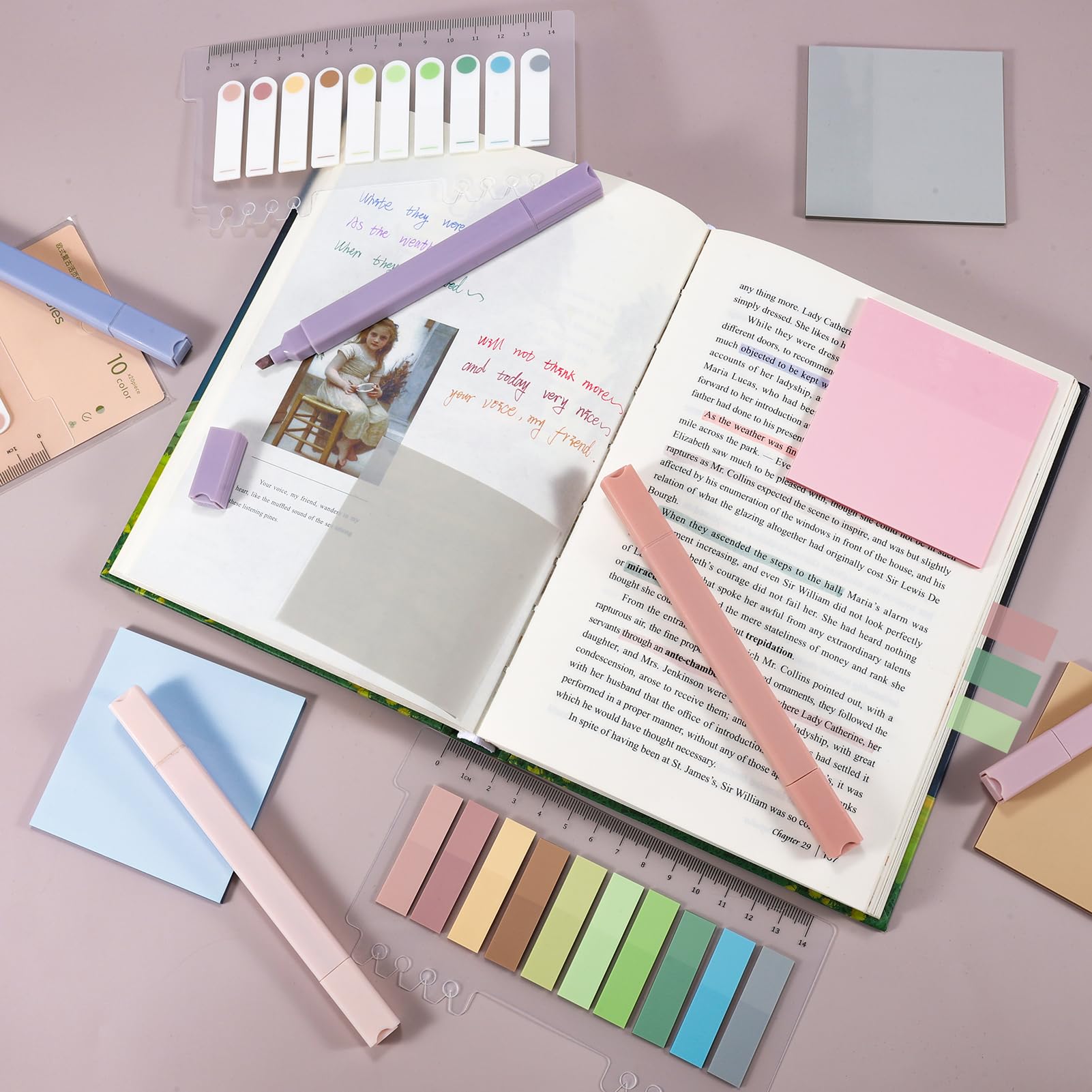 Lot de 12 surligneurs de la Bible - Sans bavure - Couleurs assorties - 1 000 feuilles de notes adhésives transparentes avec 2 stylos noirs - Surligneurs pastal à double pointe - Fournitures d'étude de