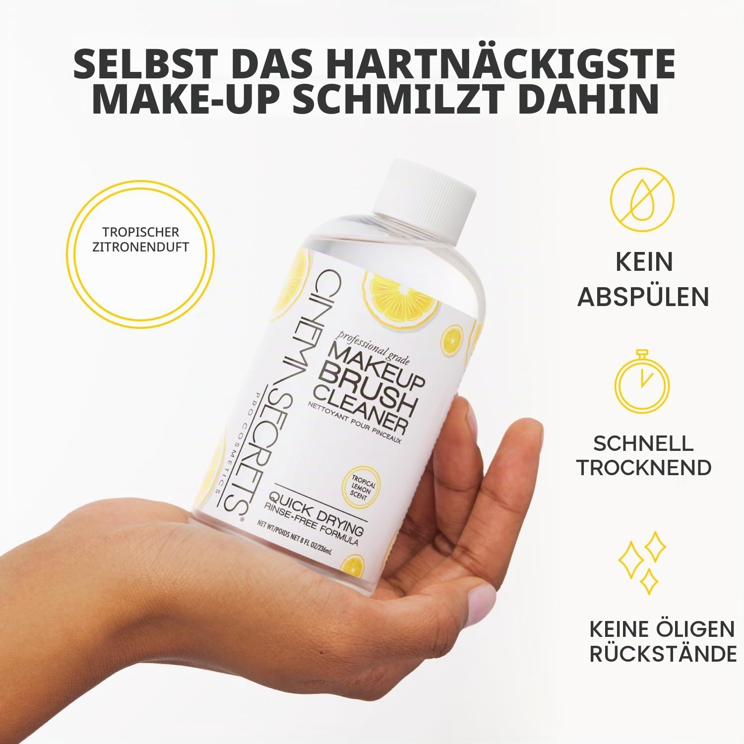 Cinema Secrets Original Make-up-Pinsel-Reinigungslösung, professioneller Reiniger für Make-up-Pinsel, schnell trocknend, spülfreie Formel, entfernt hartnäckiges, wasserfestes Make-up, Zitrone (946.4