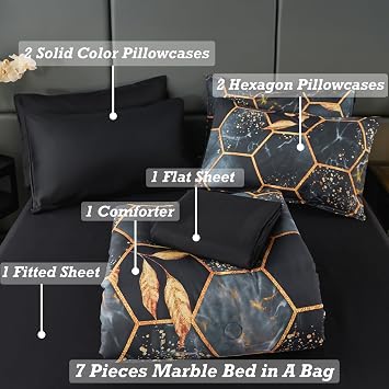 ANGIYUIN 7Pcs Black Comforter Set Full Size Marble Bed in A Bag