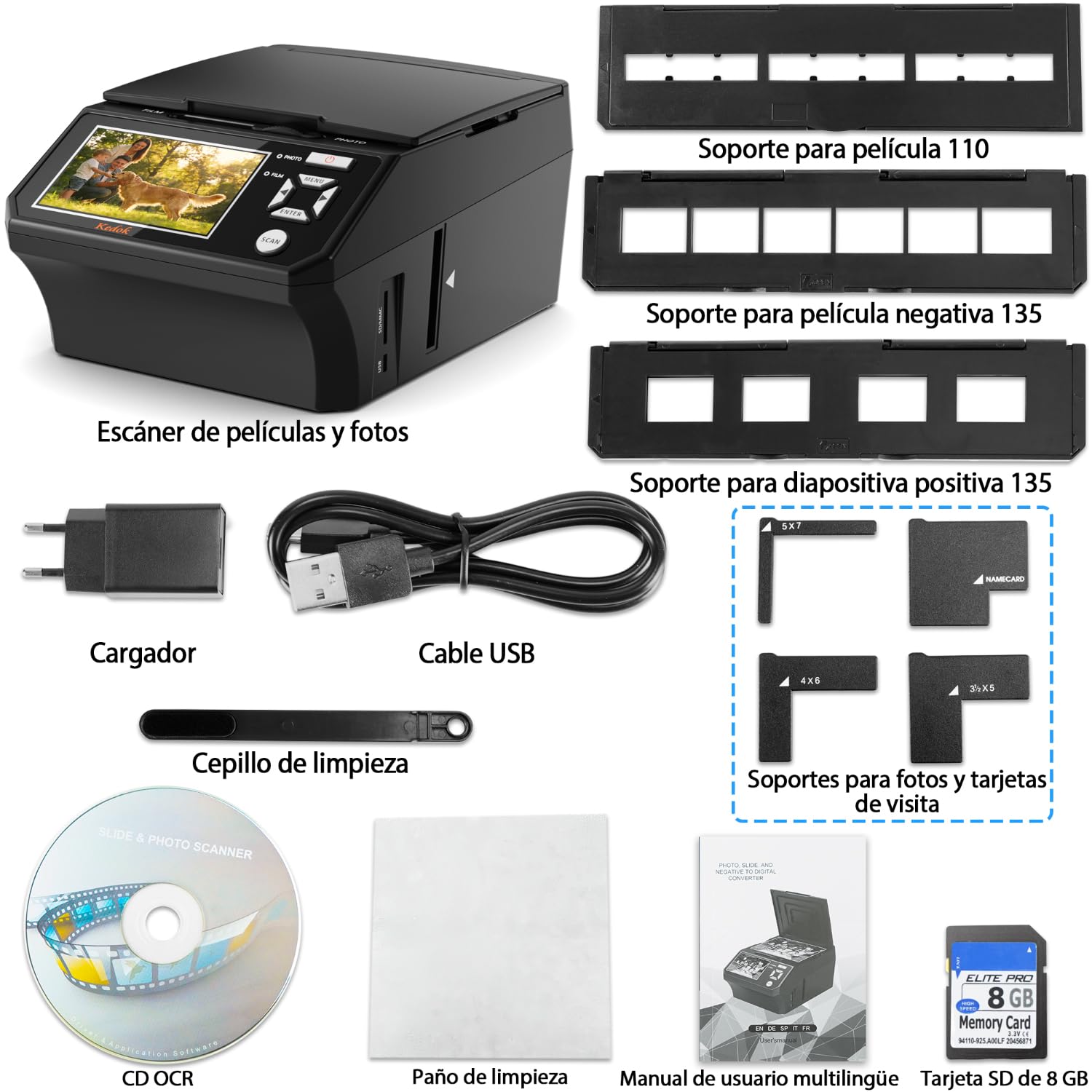 Escáner fotográfico para Negativos y Diapositivas 35mm 110mm, resolución 22MP, Pantalla LCD 5 Pulgadas, conversión JPEG, Tarjeta SD 8GB