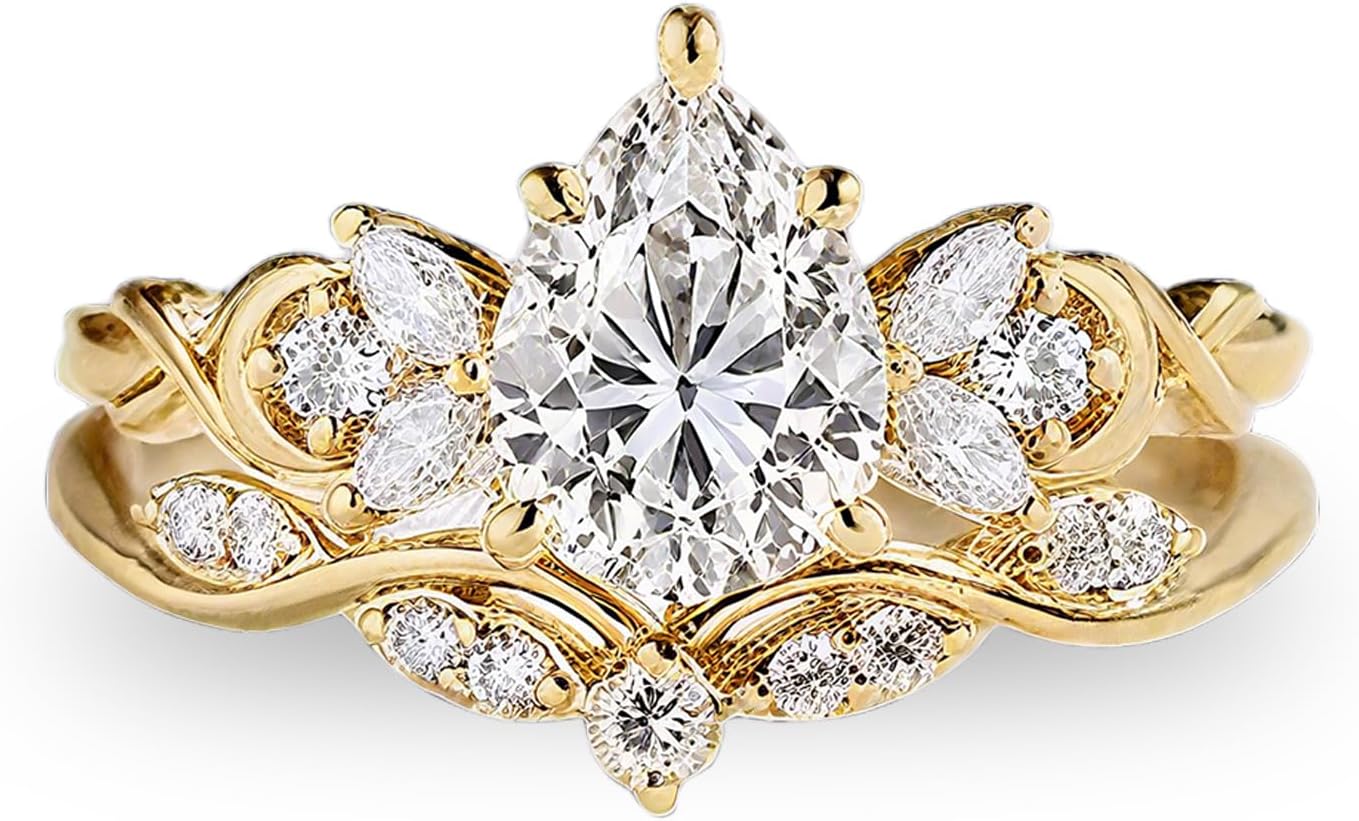 1-4 Carat Pear Cut Moissanite Wedding Ring Set 10K 14K 18K Rose/Yellow/White Gold Teardrop Gemstone Engagement Ring Set Promise Anniversary Ring Set for Women