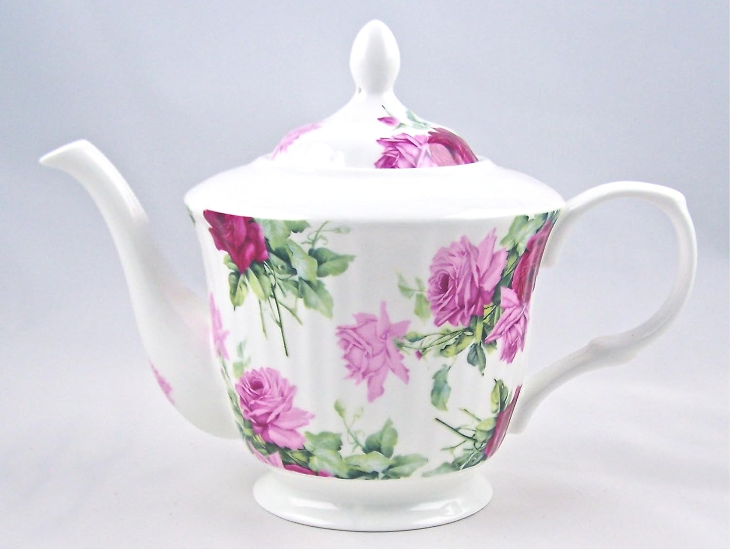 Fine Bone China Teapot Pink and Red Rose Swirl Chintz