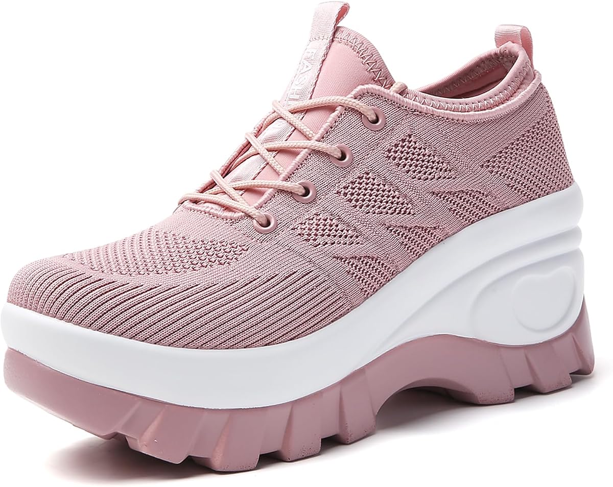 Zapatillas de caminar de cuña ortopédicas Chunky Platform Comfort de punto transpirable con cordones para mujer Suela informal antideslizante con soporte para el arco