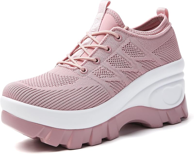 Zapatillas de caminar de cuña ortopédicas Chunky Platform Comfort de punto transpirable con cordones para mujer Suela informal antideslizante con soporte para el arco