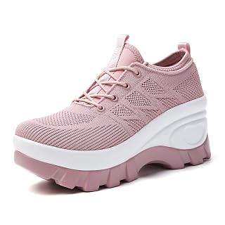 Women's Chunky Platform Comfort Orthopedic Wedge Walking Shoes Fashion Knitted Breathable Lace Up Lug Sole Casual Non-Slip Running Shoes with Arch Support - Amazon product rated Grade B