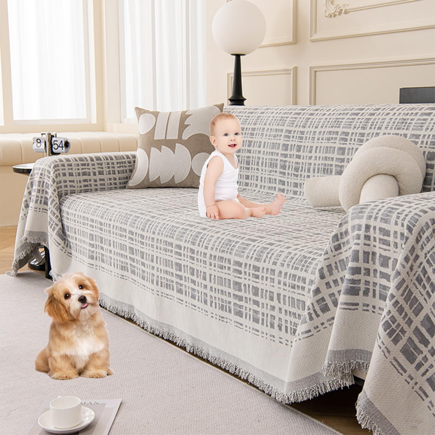 Housse de canapé réversible grise, jeté de canapé 180x180 lavable à carreaux