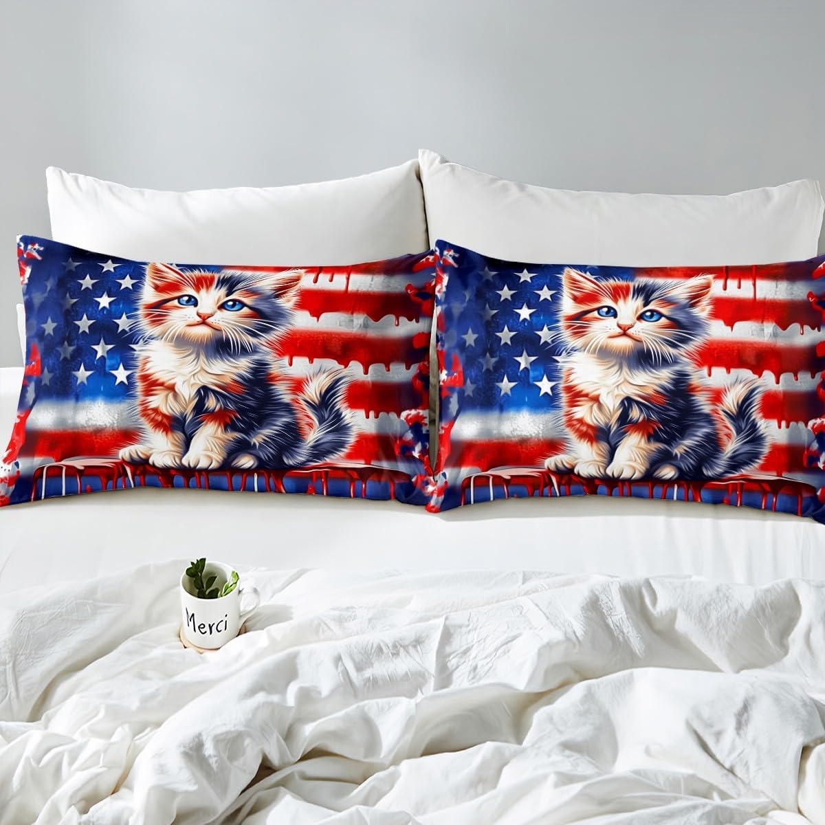 Manfei Cute Cat Bedding Set Twin Size,American Flag Duvet Cover with 1 Pillow Sham Comforter Cover(No Filler) for Kids,Red Blue Tie Dye Duvet Cover Set Decorative 2 Pcs