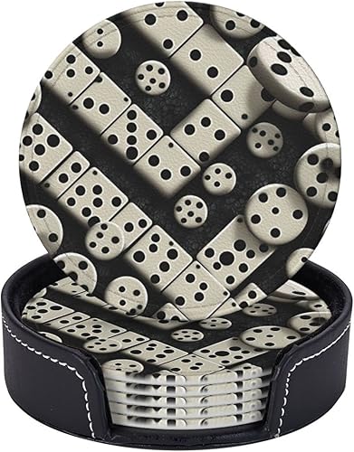 Miniatura 3 de Coasters for Drinks Set of 6 PU Leather Drink Coasters with Holder for Cup Housewarming Gift, Domino Stones Dominoes Dice Game