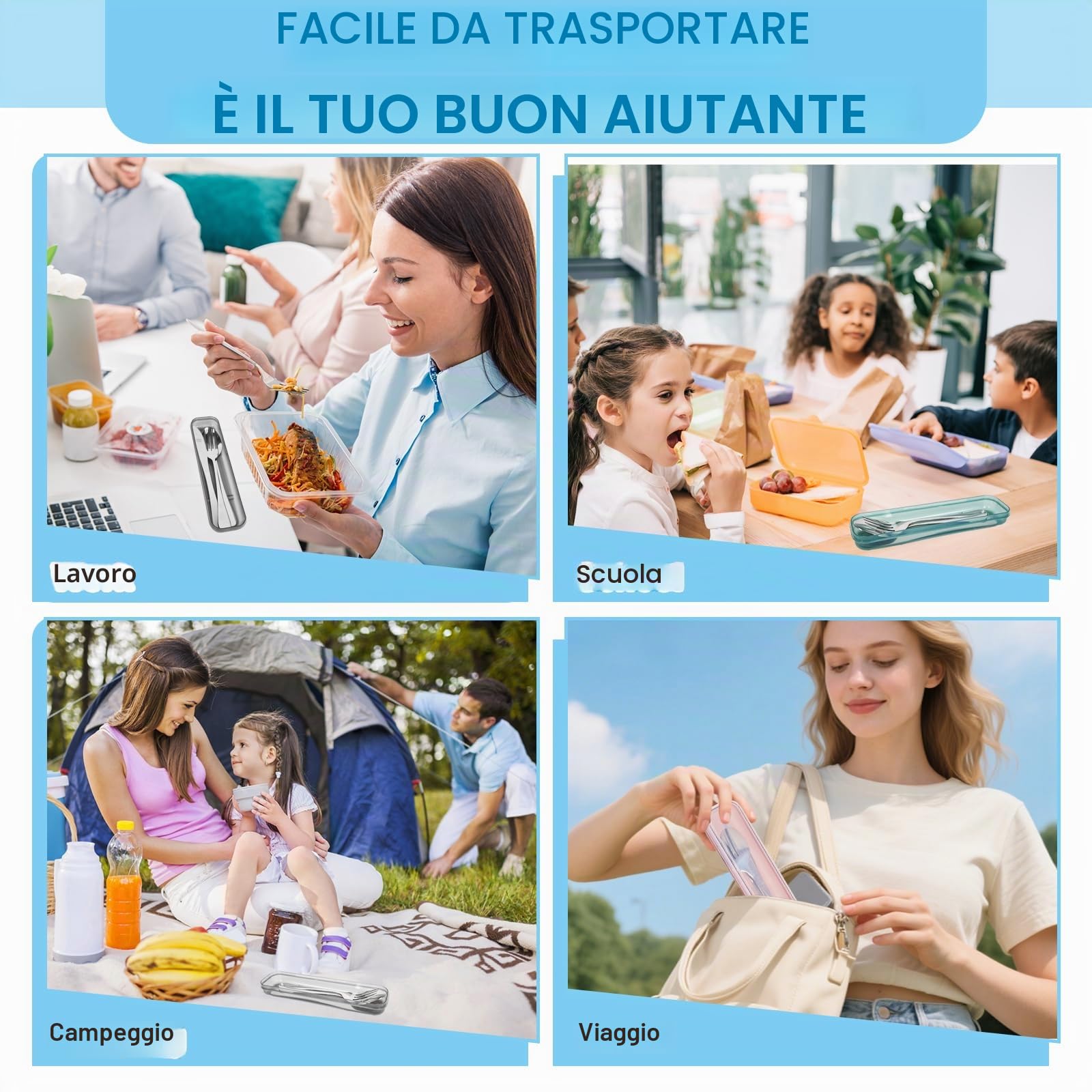 Set di stoviglie da campeggio per 2 persone, posate da viaggio in acciaio inox con custodia, cucchiaio, forchetta, coltello, posate da campeggio per viaggi, attività （Nero Verde）
