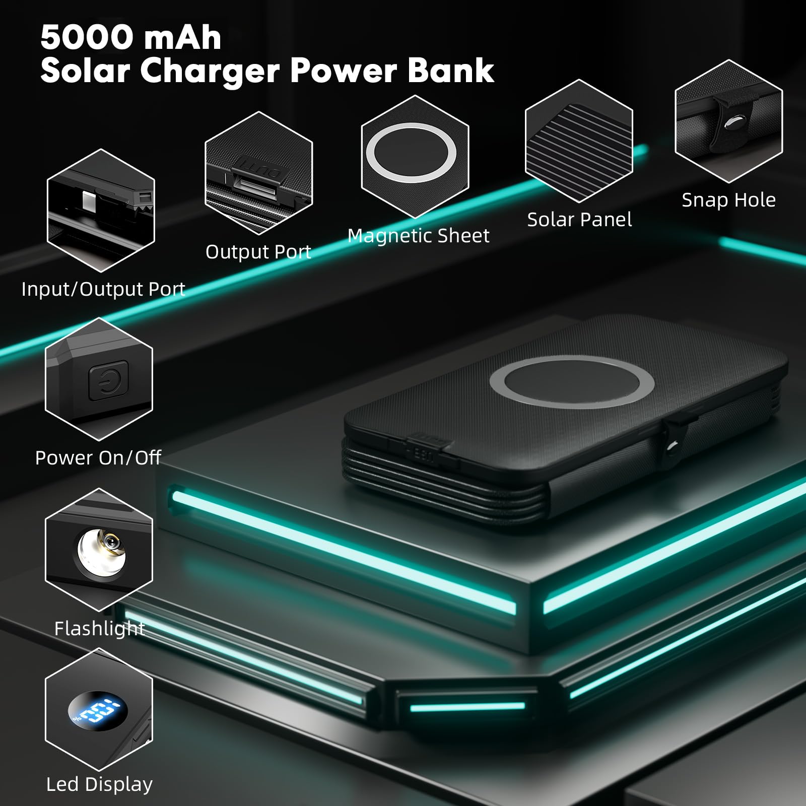 YELOMIN Caricatore solare Power Bank 5000 mAh con 4 pannelli pieghevoli e 2 cavi integrati, caricabatterie portatile wireless, batteria esterna esterna con USB-C/uscita e torcia SOS per campeggio