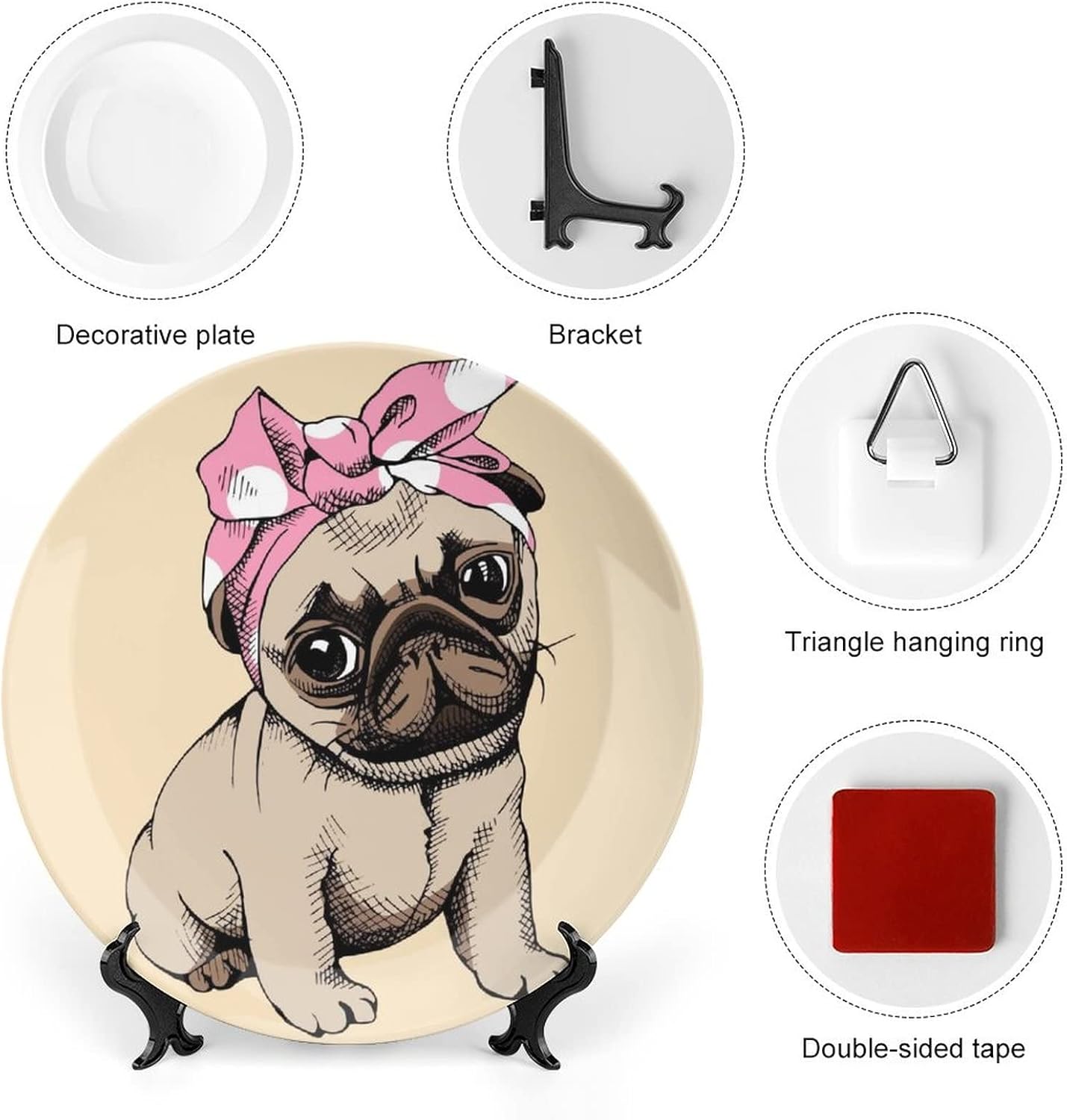 かわいいパグ犬 ビンテージデザイン ボーンチャイナ 装飾プレート スタンド付き ラウンド装飾プレート ホームウォブルプレート