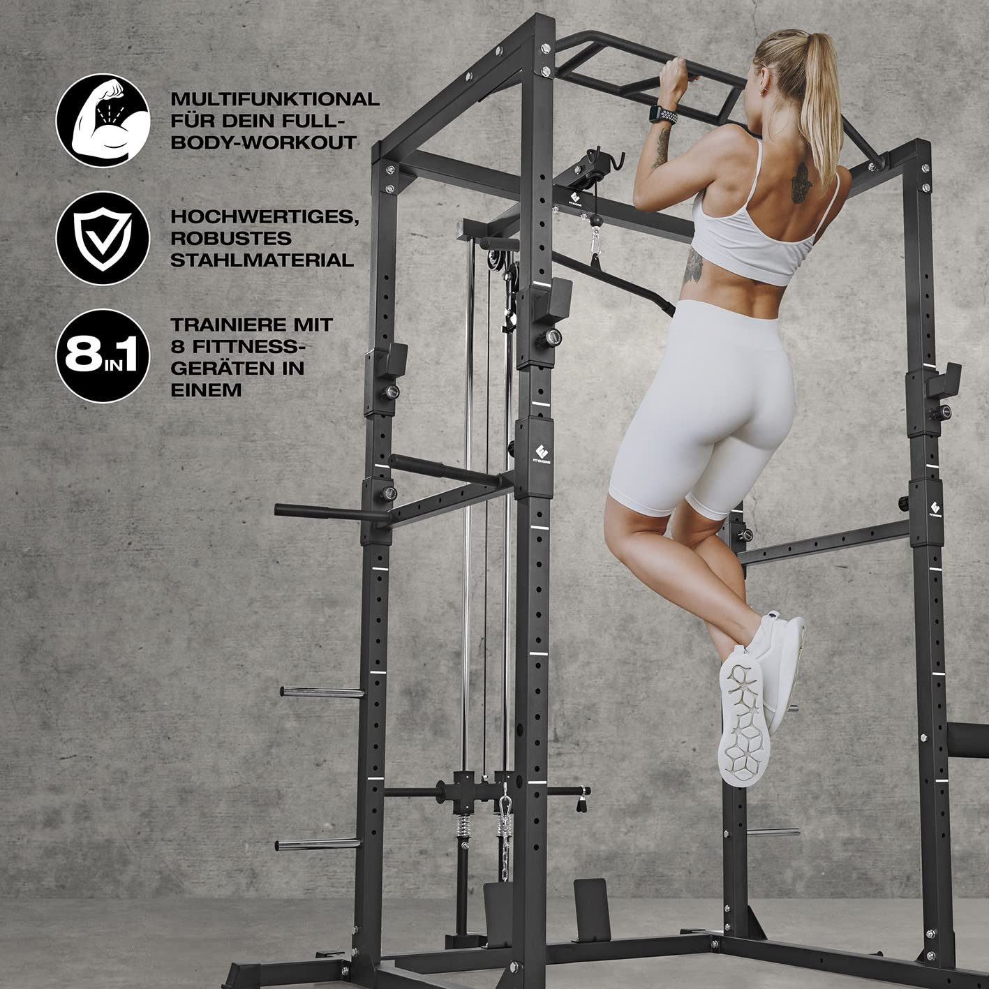 FitEngine Power Rack | Power Cage mit Latzug, Kabelzug, Dip-Station + Klimmzugstange | Variabel einstellbare Spotter für Langhantel
