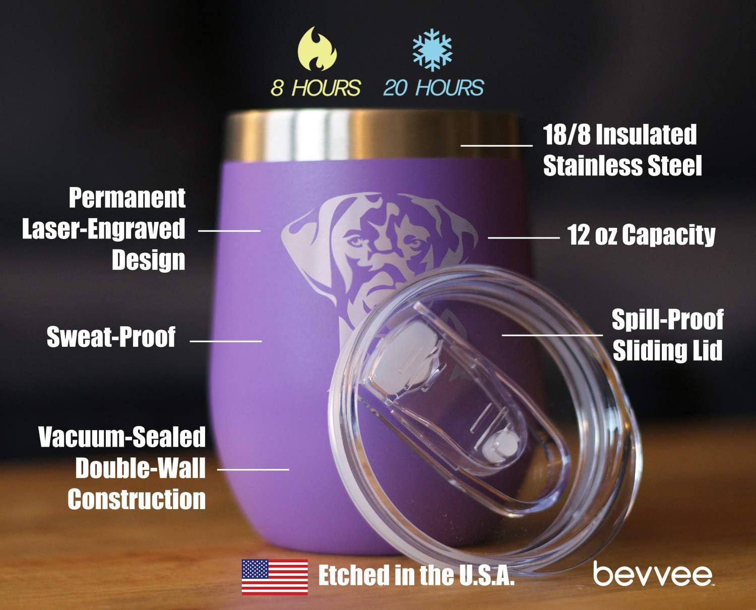 Bevvee Black Lab Face Wine Tumbler with Sliding Lid - Stemless Stainless Steel Insulated Cup - Labrador Retriever Outdoor Camping Mug - Purple