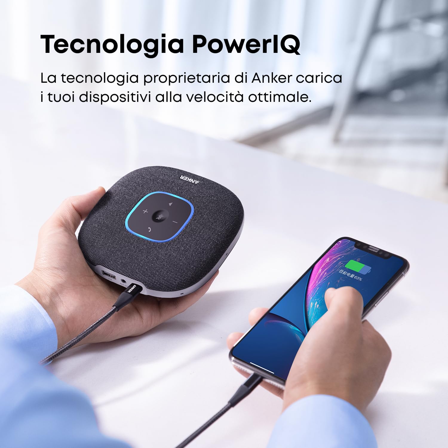 Anker Altop. Bluetooth PowerConf S3 6 mic, capacità di captare la voce ottimizz., dur. chiam. 24 h, contr. app, BT 5, USB-C, altop. per confer. compatib. con principali piattaf., ufficio a casa