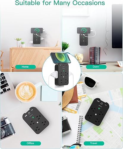 Miniatura 7 de Extensor de toma de corriente, protector de sobretensiones de pared con 6 tomacorrientes, 3 USB (1 USB C, 2 USB A), divisor de enchufes múltiples,