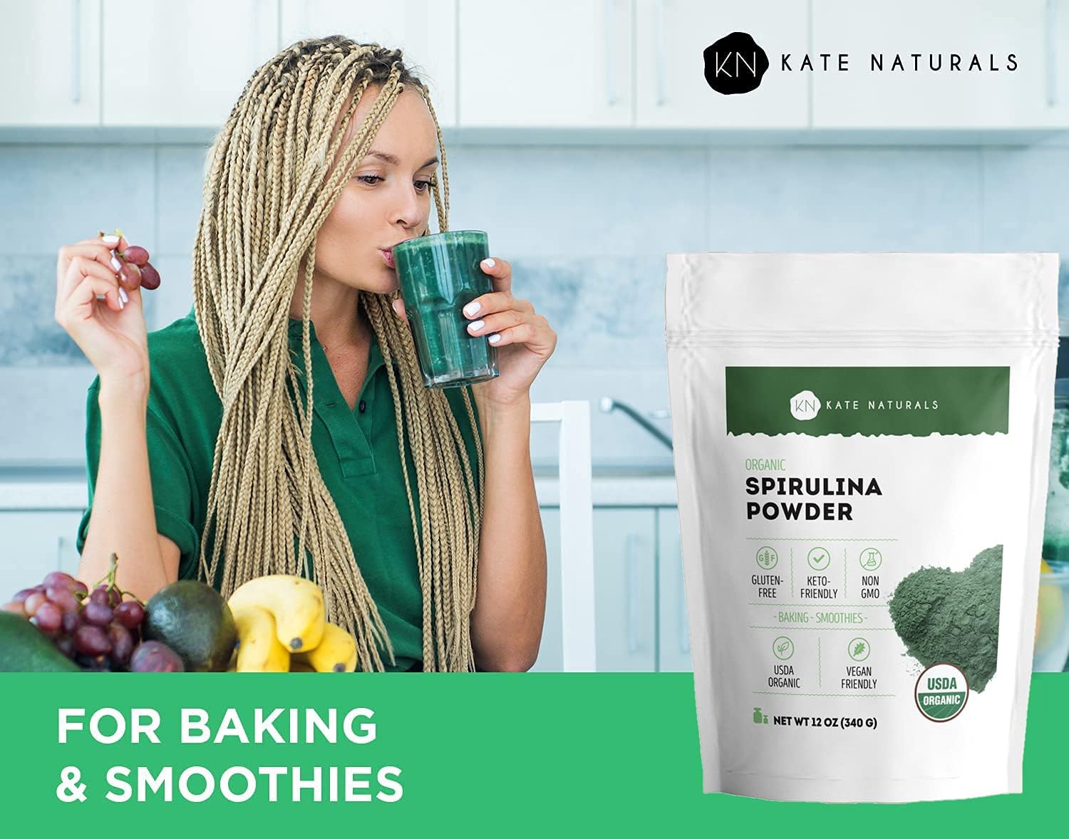 Spirulina Powder (12 oz) for Immune Support and Antioxidants - Kate Naturals. USDA Certified Organic, Natural, Non-GMO, Gluten-Free. Nutrient Dense Superfood Supplement : Health & Household