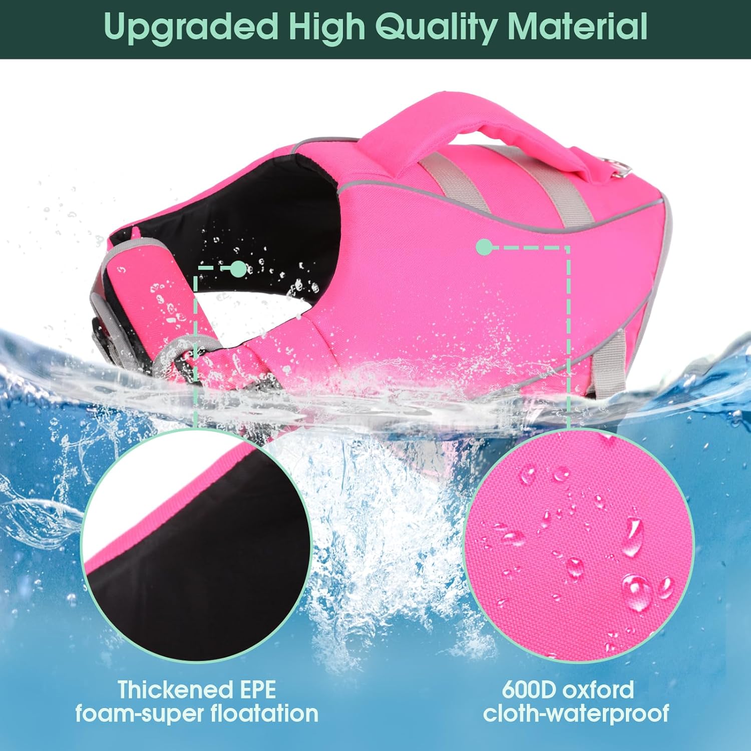 Kuoser Dog Life Jacket, High Flotation Dog Life Vest for Swimming Boating, Reflective Pet Swimming Vest Doggie Water Preserver with Rescue Handle