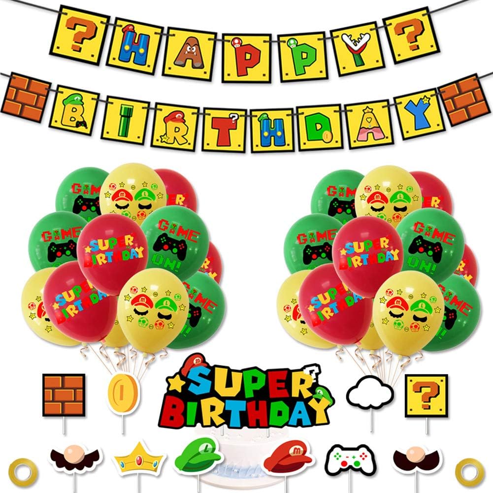 LEBERY Mario Birthday Party Decorations, Super Mario Happy Birthday Banner, Mario Brother Cake Cupcake Toppers, Super Mario Bros Balloons for Kids Birthday Baby Shower Mario Game Theme Party Supplies
