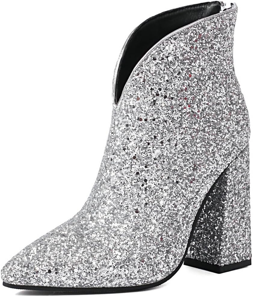 KOKOMOMO Sparkly Sequin Cowgirl Boots Pointed Toe Chunky High Heel Ankle Boots