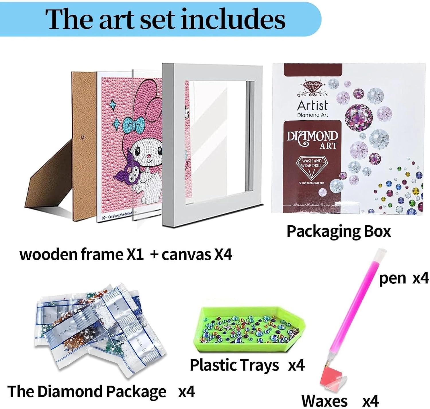 JYLMOOD 4 Packs Cartoon 5D Diamond Art Kits for Kids with Wooden Frame, Full Drill 5D Diamond Painting Kits for Kids Beginners, DIY Big Gem Art Paintings Kits for Adults, Home Wall Decor 6x6 Inch