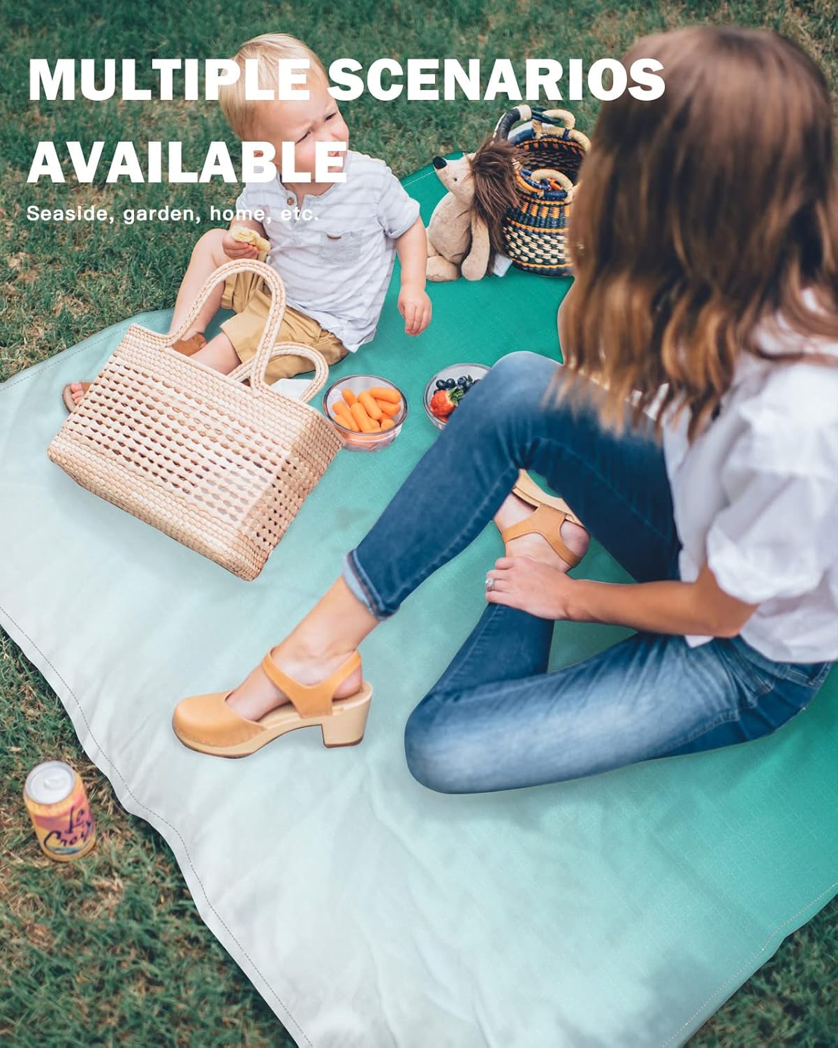 Abstract Art Turquoise Beach Blanket Waterproof Sandproof Outdoor Picnic Mat 108"x84" Color Gradient Lightweight Large Beaach Blankets with 4 Stake & 4 Corner Pockets