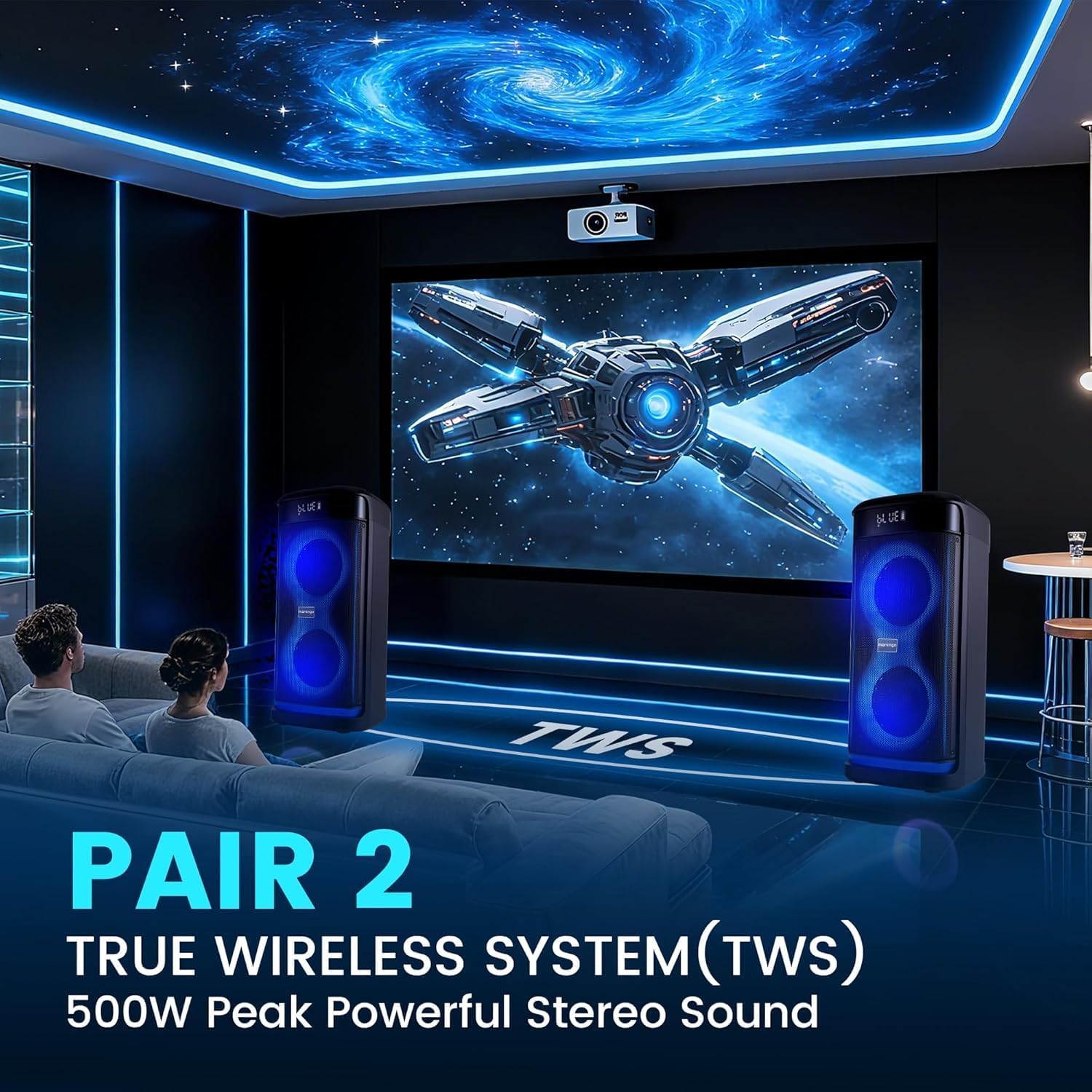 Marengo Karaoke Machine for Adults, Portable Bluetooth Speaker with 2 Wireless Microphones 500W(Peak), RGB Light Show, 10H, TWS Party Speaker for Party Indoor Outdoor Backyard-Supports USB/AUX/Mic-in