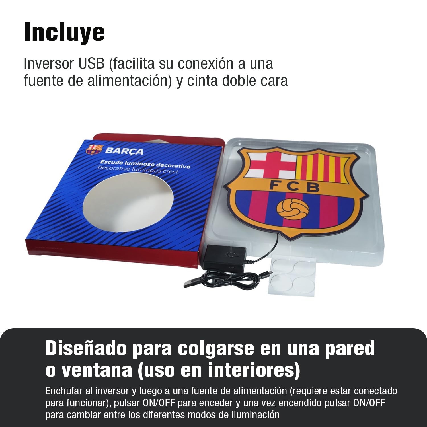 Escudo Pared o Ventana con Luz Electroluminiscente, Producto Oficial Real Madrid, Barça, Valencia F.C., Benfica, 2 Modos de Luz, Inversor USB y Cinta Doble Cara, Regalo Hinchas Fútbol