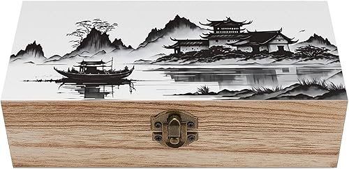 Caja de almacenamiento de madera de paisaje chino con cerradura con bisagras, baúl decorativo hecho a mano, elegantes cajas de decoración retro,