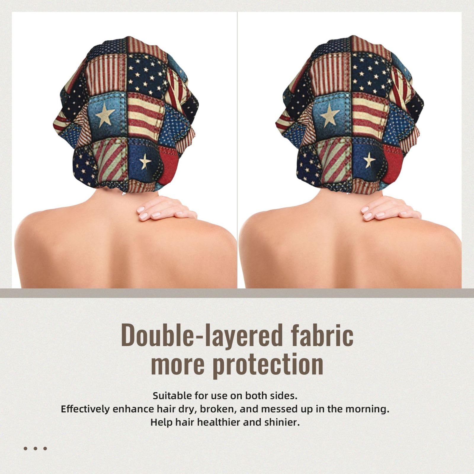 Double Layer Reversible Hair Wrap Satin Sleep American Flag Patchwork Cap Bonnet for Braid Curly Hair Satin Bonnet Black