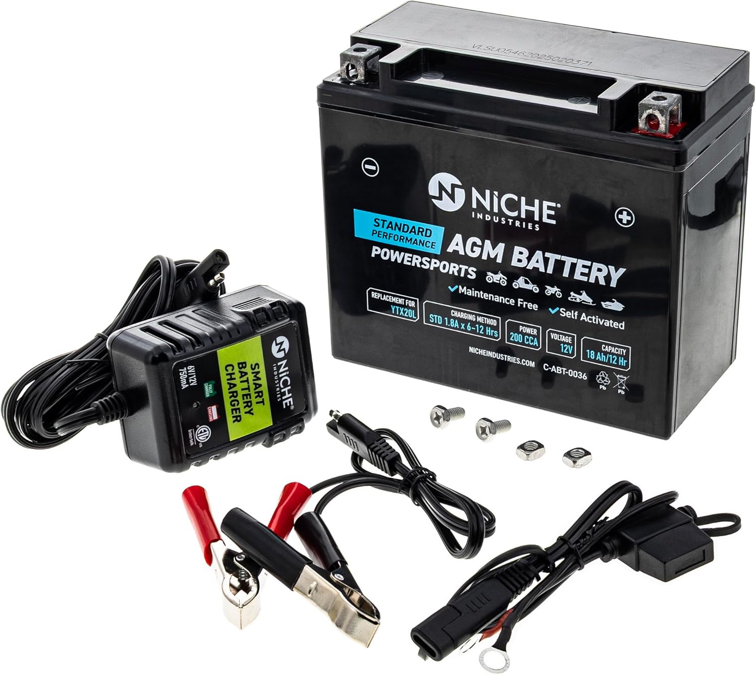 NICHE Battery and Charger YTX20L AGM Sealed Maintenance Free 200CCA 12V 18Ah for Can-Am Ski-Doo ATV Snowmobile (Factory Activated)