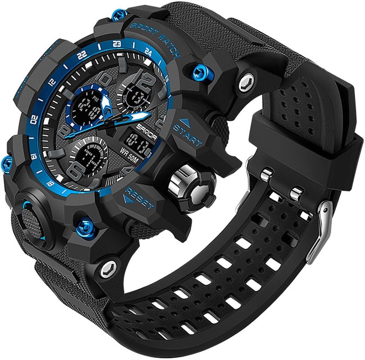 Waterproof Sports Watches for Men with Night Light, Dual Display Analog Digital Outdoor Swimming Surfing Military Tactics Black Wrist Watch