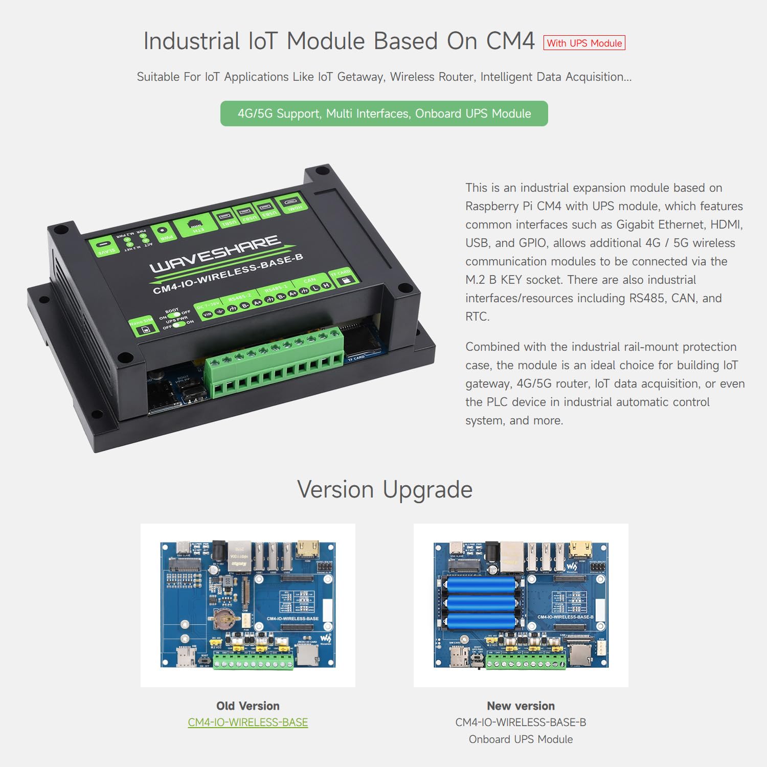 Waveshare Industrial IoT 5G/4G Wireless Expansion Module For Raspberry Pi CM 4 (Compute Module 4), With UPS Module, Onboard M.2 Slot, for IoT Getaway, Wireless Router, Intelligent Data Acquisition